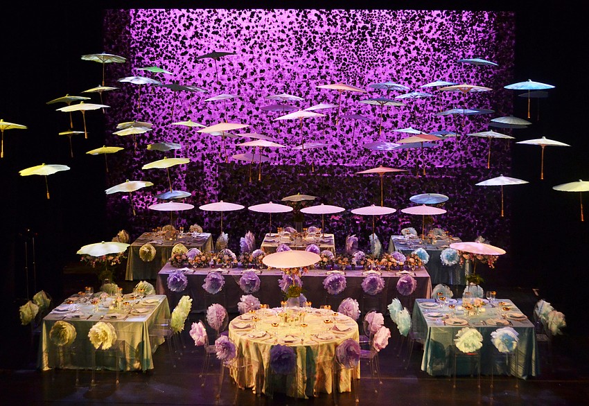 The stage at FSU Center for the Performing Arts was decorated for Asolo Rep's annual Season Celebration on Stage. The decor was themed around a 'rain garden party.'