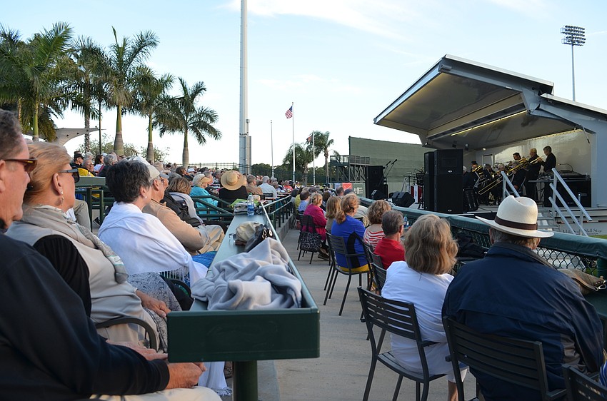 A sold-out crowd of 300 packed into the left field of Ed Smith Stadium for Jazz in the Ballpark.