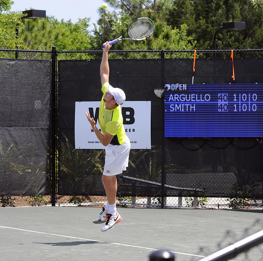 American Connor Smith serves the ball during his opening match of the 2016 White Sands Realty/Joey Gratton Sarasota Open April 11.