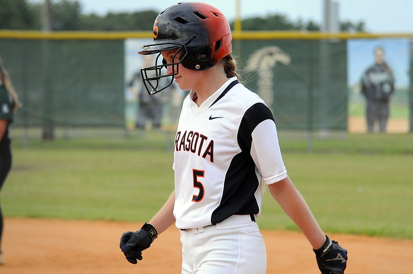 Sarasota' Claire Mitzen-Halperin was hit by a pitch in her first at bat.