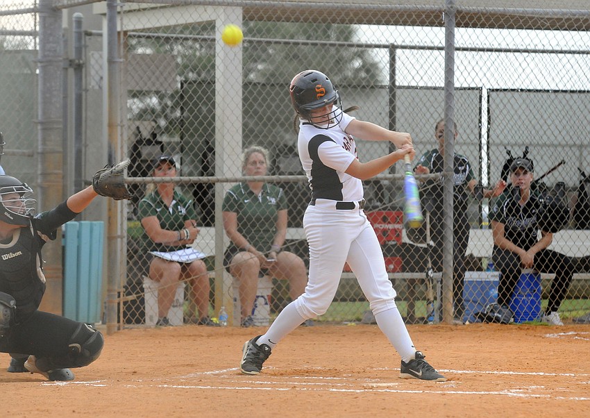 Sarasota's Hannah Roberson fouls off a pitch in the first inning.