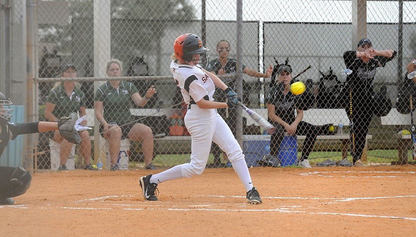 Sarasota's Sarah Mizen-Halprin makes contact in the first inning.