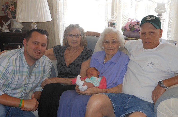 Hailey Brown is surrounded by four other generations of Manatee County residents, from left to right: her father, Russell Brown; great grandmother, Patricia Brown; great great grandmother Clara Ehrke; and grandfather, Curtis Brown.