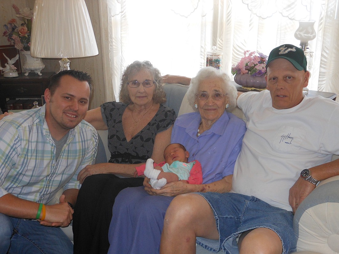 Hailey Brown is surrounded by four other generations of Manatee County residents, from left to right: her father, Russell Brown; great grandmother, Patricia Brown; great great grandmother Clara Ehrke; and grandfather, Curtis Brown.