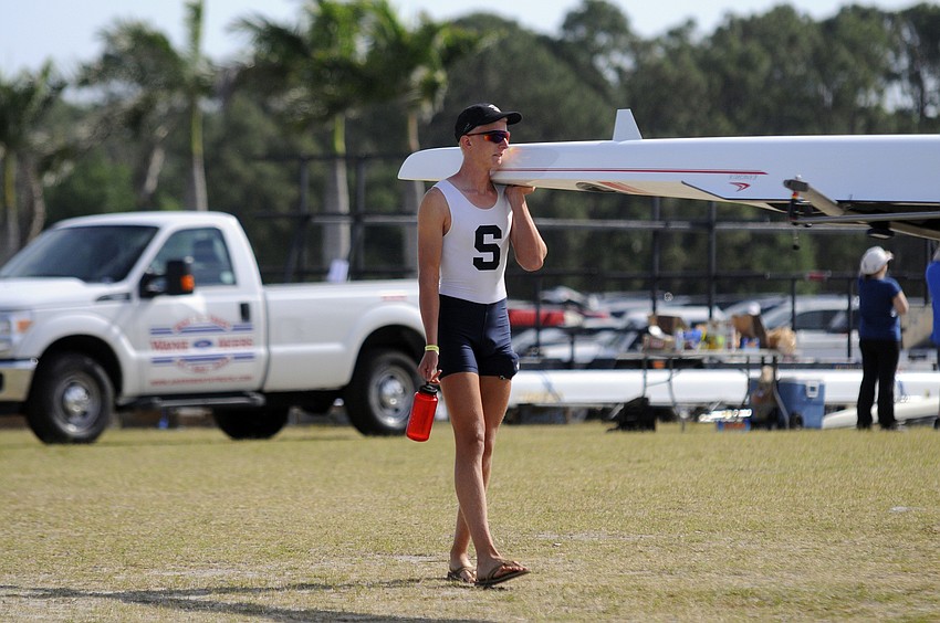 Sarasota Crew's Zack Stith waits to launch in the Boys Junior 2x.