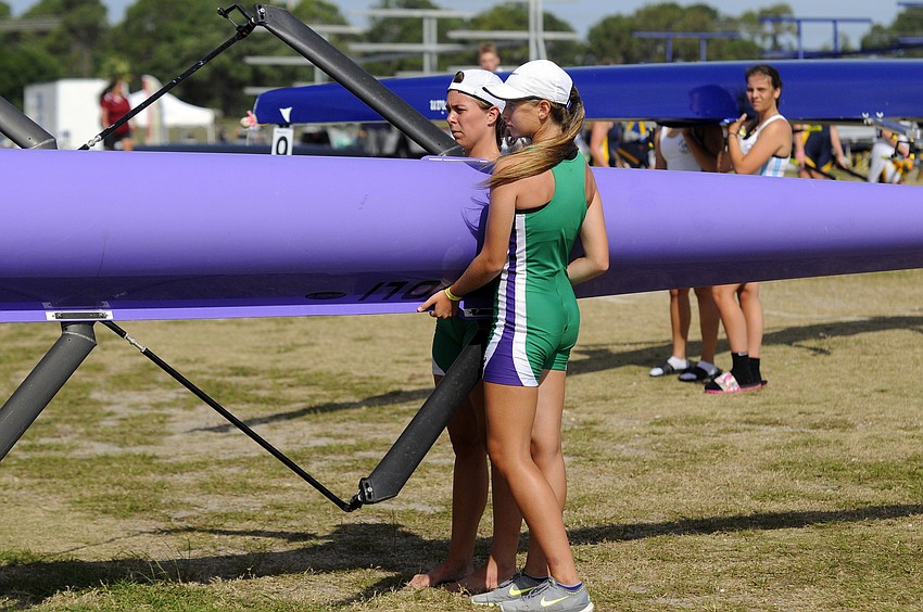 Sarasota Scullers rowers Cheyanne Simmons, 15, and Victoria Mochnacky, 14,  prepare to launch for the Girls Junior 4X Petite Final.