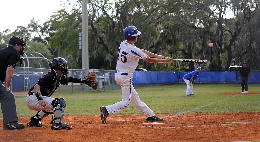 Sarasota Christian junior Holden Schrag makes contact in his first at-bat.