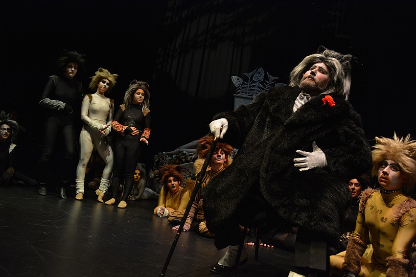 Cats sing about Bustopher Jones, a 25-pound cat who loves to eat. He is played by Jacob Harding.