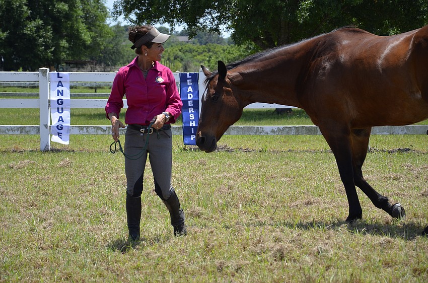 Karen Woodbury demonstrates Parelli Natural Horsemanship with her horse, Willy.