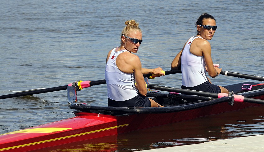 Sarasota Crew's Monica Whitehouse and Rosa Kemp row back to shore following their  final race at the U.S. Olympic Team Trials April 24.