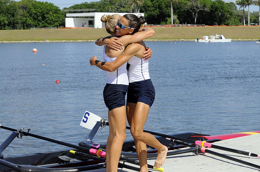 Sarasota Crew's Monica Whitehouse and Rosa Kemp celebrate after finishing third in the women's lightweight 2x at the U.S. Olympic Team Trials April 24.