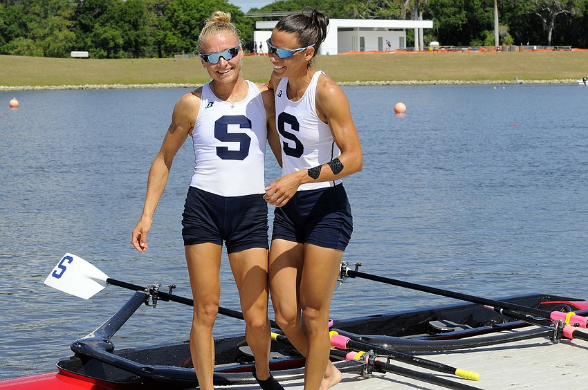 Sarasota Crew's Monica Whitehouse and Rosa Kemp celebrate after finishing third in the women's lightweight 2x at the U.S. Olympic Team Trials April 24.