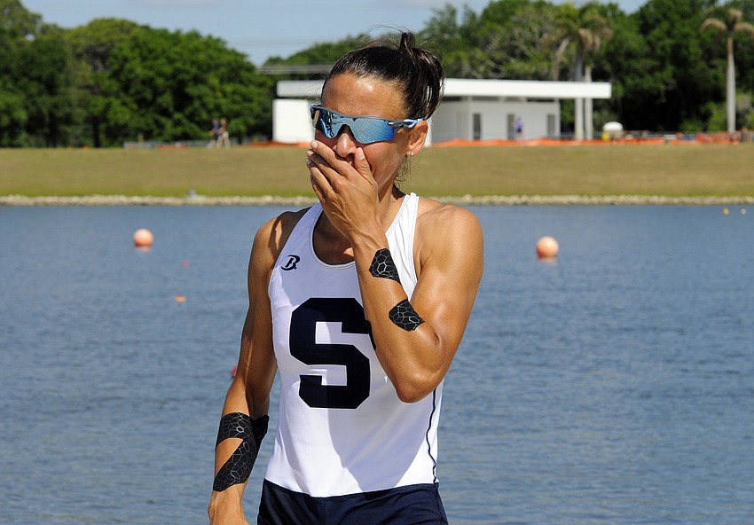 Sarasota Crew's Rosa Kemp reacts after finishing third in the women's lightweight 2x at the U.S. Olympic Team Trials April 24.