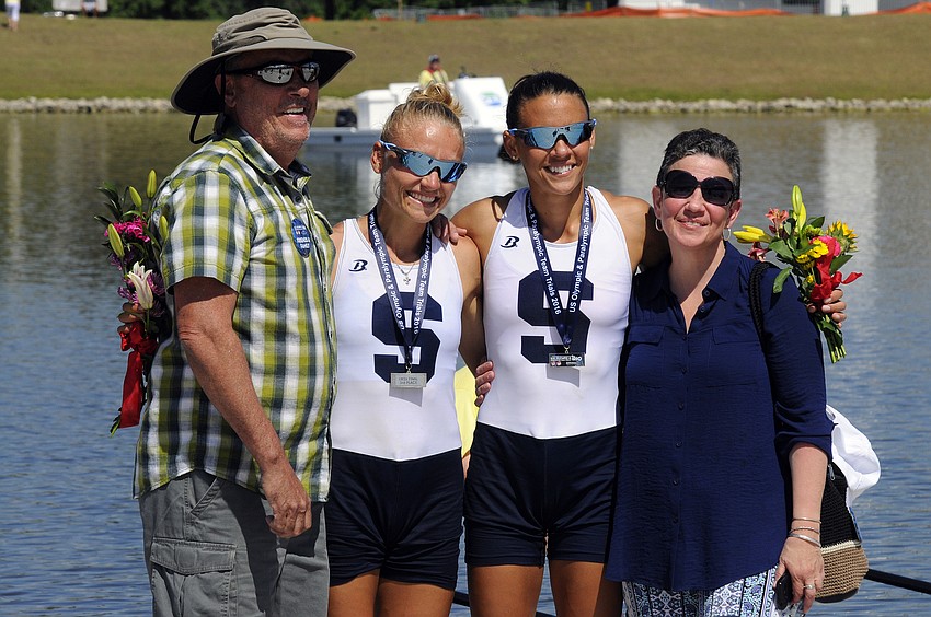 Sarasota Crew's Monica Whitehouse and Rosa Kemp, pictured with Kemp's parents Gregory Kemp and Patricia Lara, finished third in the women's lightweight 2x at the Olympic Team Trials April 24.