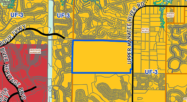 The site, known as the Moore's Dairy site, is outlined in blue and is immediately south of Waterlefe and west of Upper Manatee River Road.