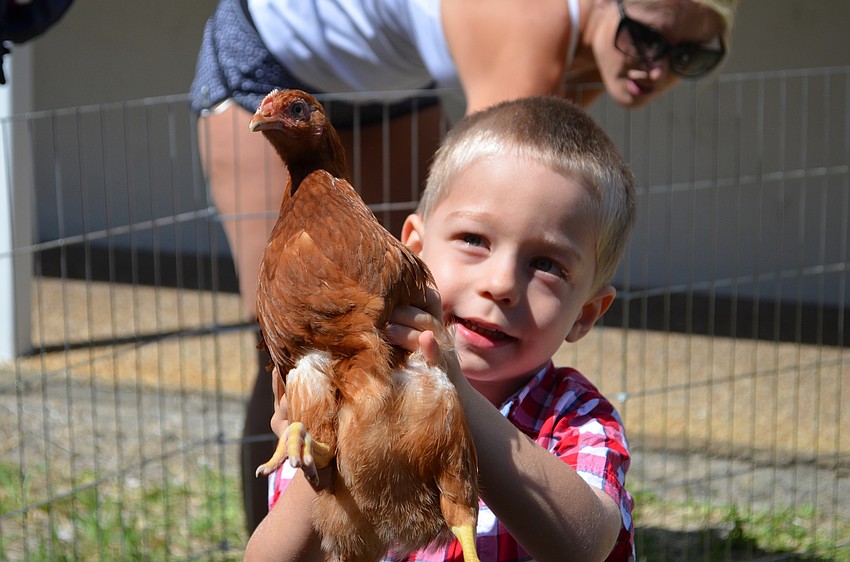 Ian Rexroat shows off the chicken he caught in the petting zoo.