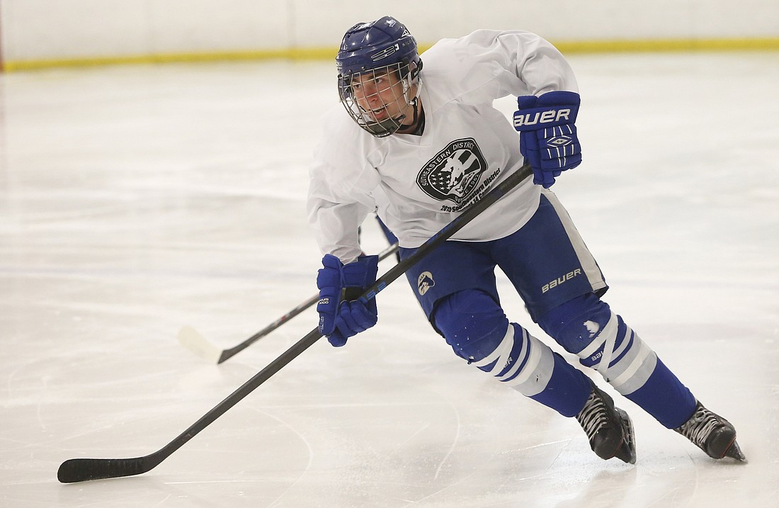 Sarasota Military Academy freshman Eliot Bergbauer plays forward for the Tampa 2001 Hockey Club.