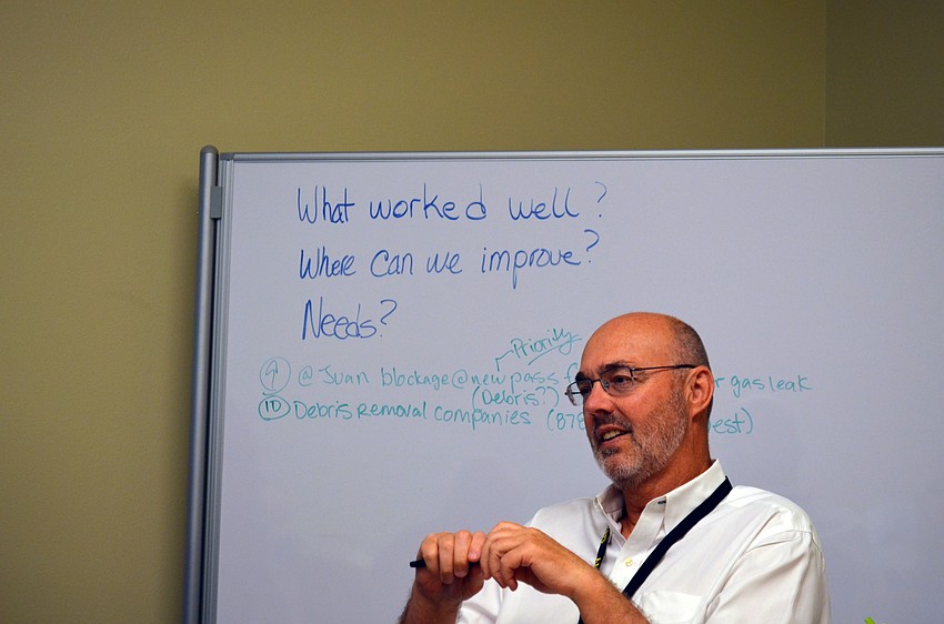 Longboat Key Town Manager Dave Bullock directs department heads during a hurricane drill today.