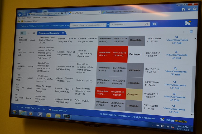 Hypothetical disaster scenarios crawl across a screen in front of Longboat Key town staff.