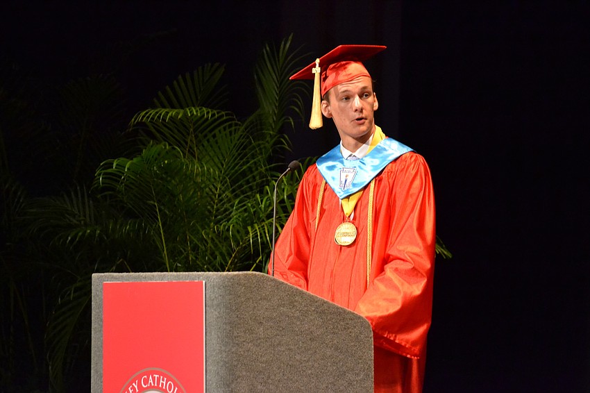 Nicholas Etz delivers the salutatorian address during the graduation ceremony.