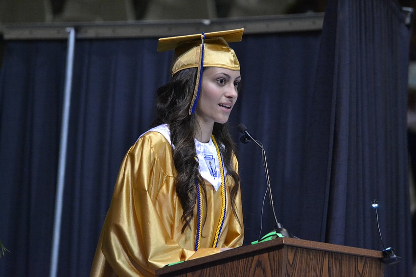 Alexa Fontecha delivers her speech as one of the senior class speakers.