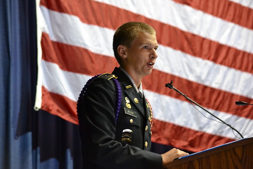 Regimental Commander for 2016-17 Matthew Pelisek serves as commencement master of ceremonies.