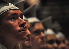 Liam Bramley watches the senior video.