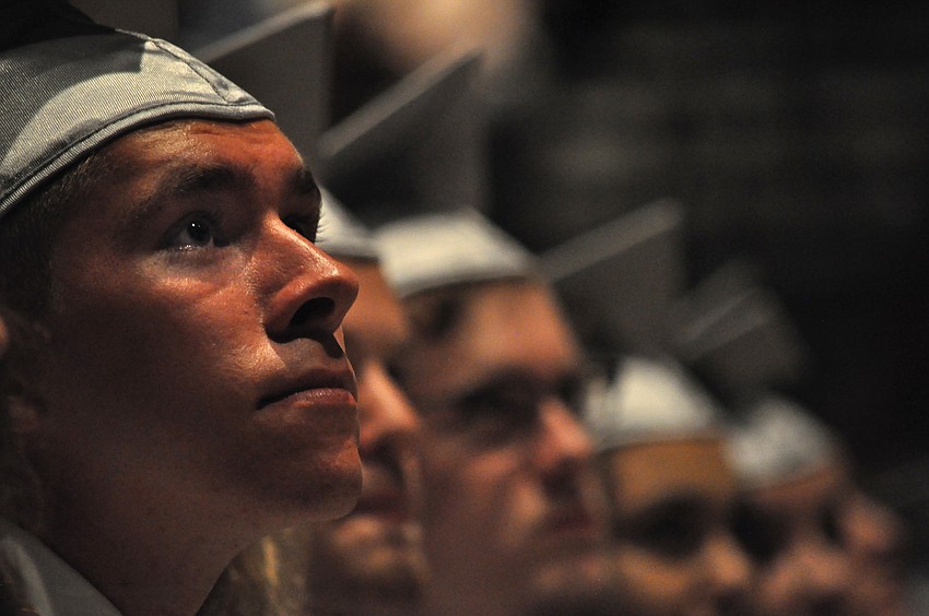 Liam Bramley watches the senior video.