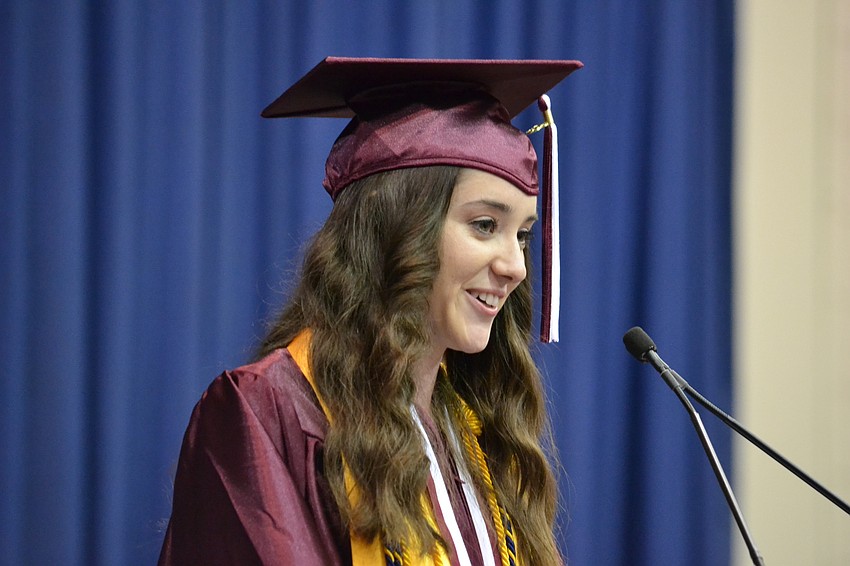 Senior Class President Camber Pecor delivers her commencement speech to classmates.