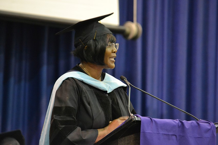 Booker High School Principal Rachel Shelley addresses the class of 2016 one last time.