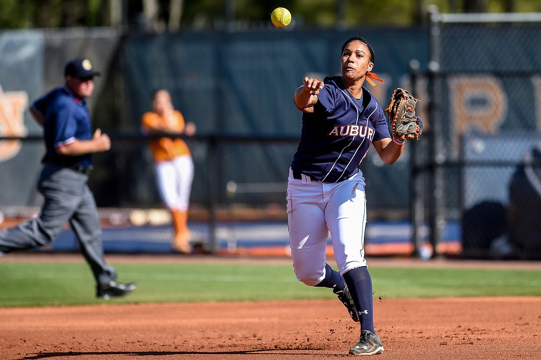 Former Sarasota standout Jade Rhodes helped lead Auburn University to the Division I College Softball World Series Finals versus Oklahoma June 6-8. (courtesy photo)