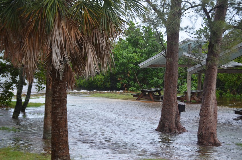 City Island Park floods two hours before high tide during the tropical storm.