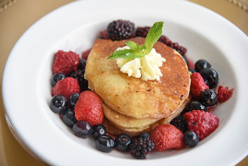 Third Course — Mascarpone and macerated berry pancake stack with Grand Marnier maple syrup paired with Chalone Vineyard Gavilan chardonnay