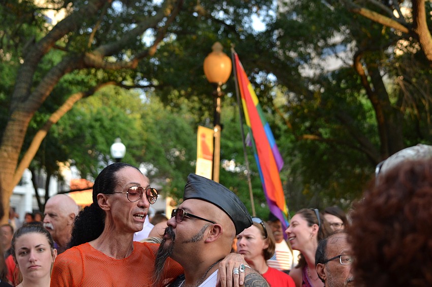 The rainbow flag flies high representing the LGBT community at Five Points Park.