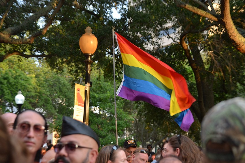 The rainbow flag flies high representing the LGBT community at Five Points Park.