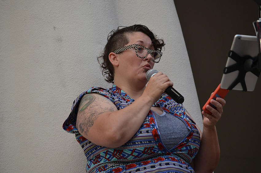 Harvey Milk Festival President Shannon Fortner addresses the crowd Monday evening.