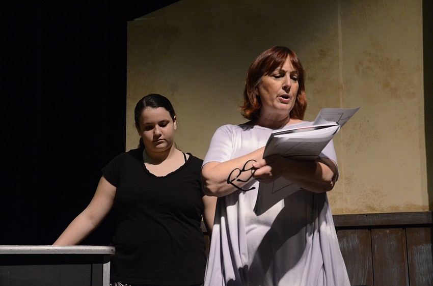 Roxane Caravan runs through a scene with Nolan Middle School eighth-grader Jordan Cangro.