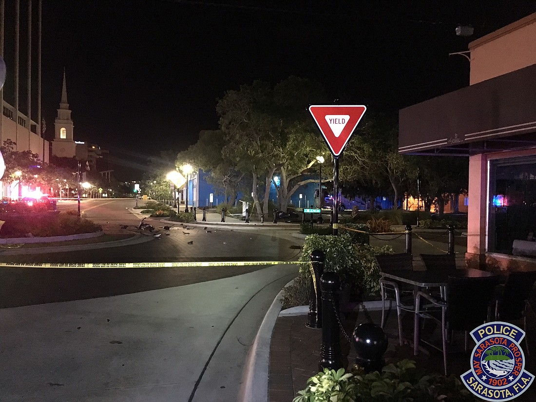 The Sarasota Police Department shared this image of the scene at Orange Avenue and Main Street following the fatal motorcycle accident Friday morning.