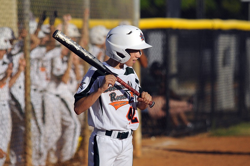 Lakewood Ranch leadoff hitter Finn Camphire steps up to the plate in the first inning versus Braden River.