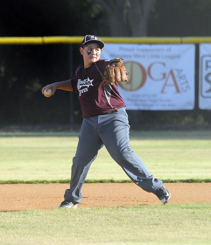 Braden River 11-and 12-year-old All-Star Jonathon Negron warms up in between innings.