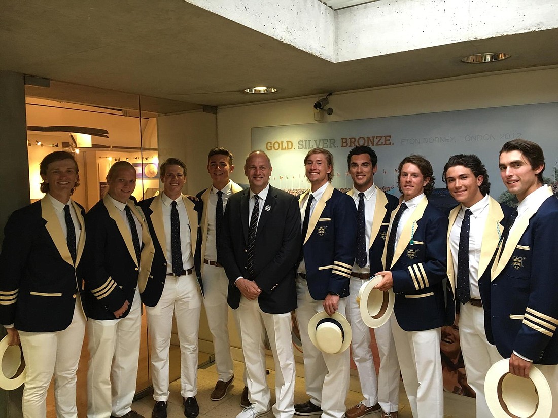 Former Sarasota Crew rowers Maddux Castle, far left, and Ben Delaney, third from left, traveled to England with their George Washington University teammates to compete in the Henley Royal Regatta for the first time in the program's history. (courtesy)