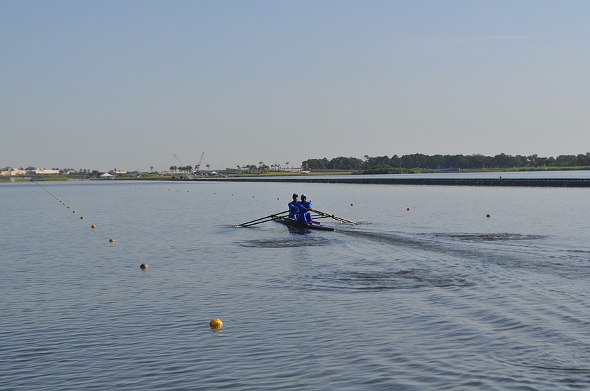 Eduardo Rubio Rodriguez and Adrian Oquendo Ibanez churn through the course at Nathan Benderson Park on Friday.