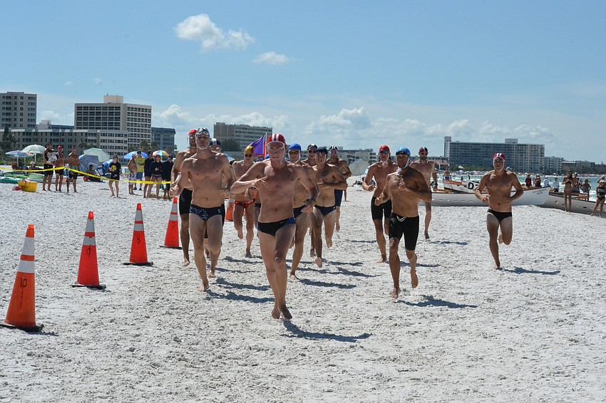 Guards at the start of the Run -Swim-Run event.