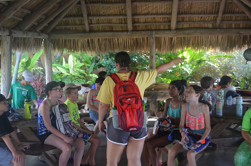 Mote staff member Jessica Devault gives Sea Sleuth campers instructions before they head out to snorkel.