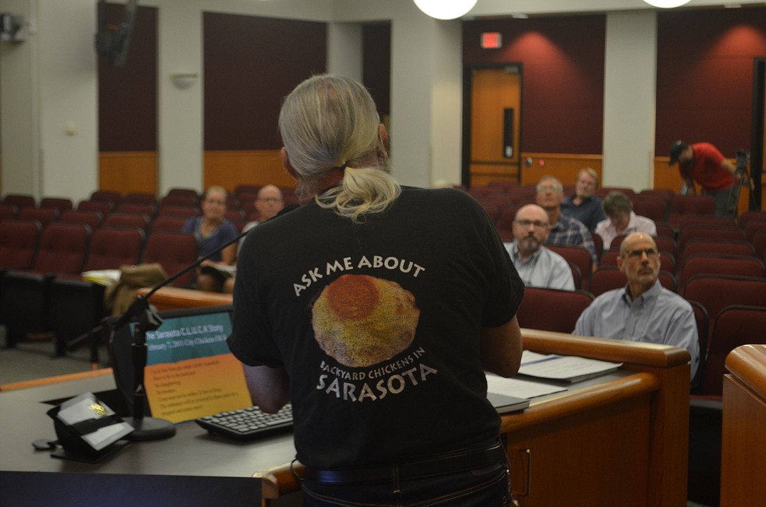 Jono Miller speaks at a public forum on an ordinance that would allow for backyard chicken keeping Tuesday, June 2 in Sarasota, Florida.