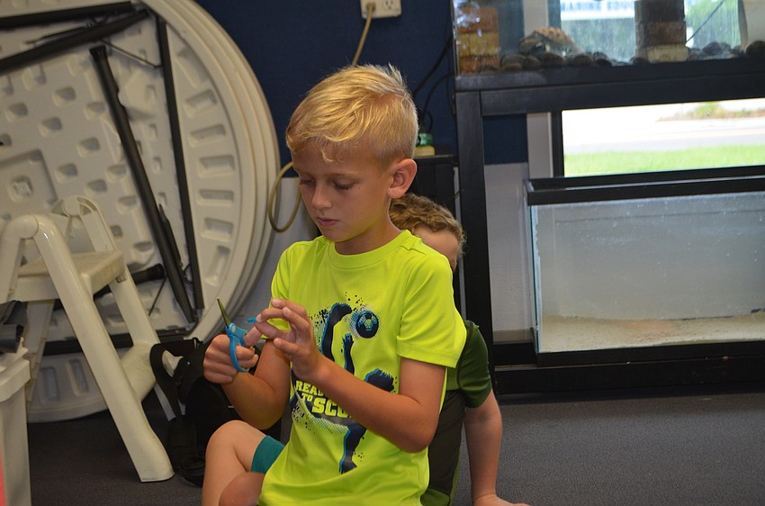 Jace Brown,7, cuts mock staghorn coral during Mote’s Aqua Kids Camp.
