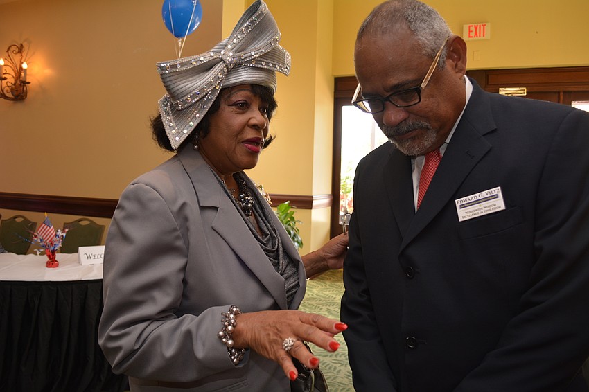 Minnie Lee Jones chats with Manatee County School Board candidate Edward Viltz.