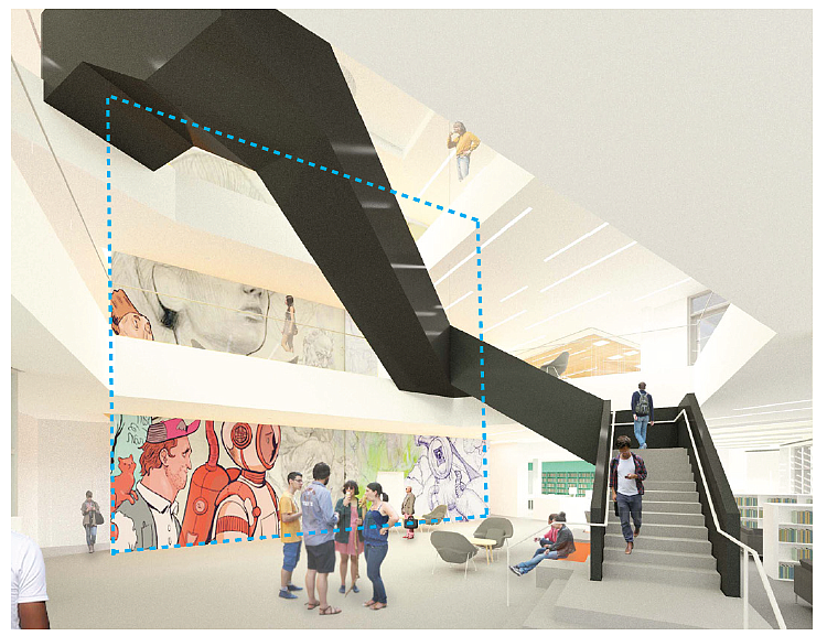 The 48,000 square-foot library's central core will boast student art on its three-story interior walls.