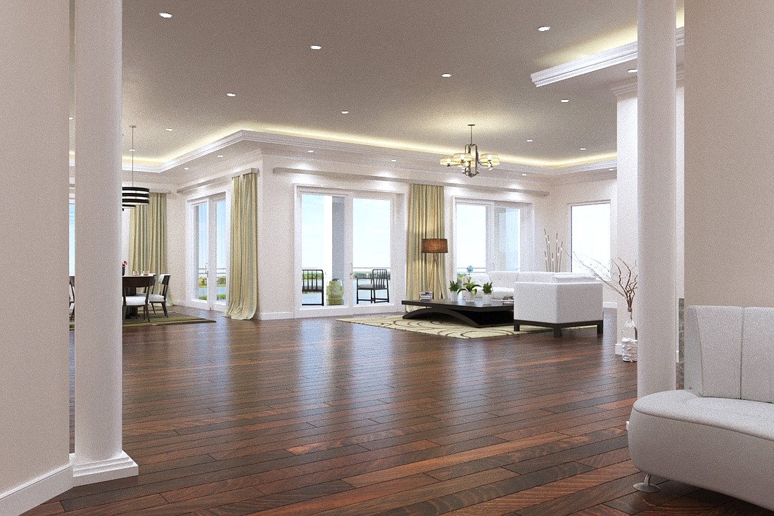 Pictured is the great room of one of the penthouse offerings. Penthouses will be up to 3,326 square feet. Courtesy image.