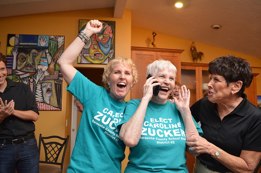 Caroline Zucker celebrates a win in the 2016 Primary Election with daughter Liza Leonard, left, and Margi Cohn.